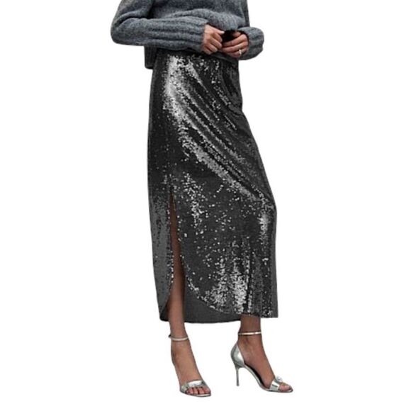 All Saints Opal Sparkle Sequins Midi Side Slit Skirt Small - Picture 1 of 8